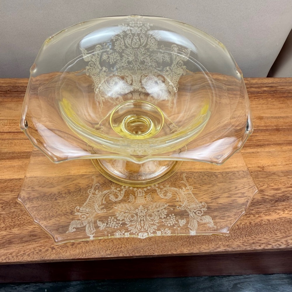 Paden City Glass Mayonnaise Set Gothic Garden Yellow Etched Bowl and Underplate
